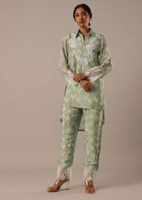 Green Printed Kurta Set With Asymmetric Hemline