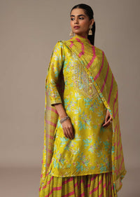 Green Printed Kurta Sharara Set In Gotta Work