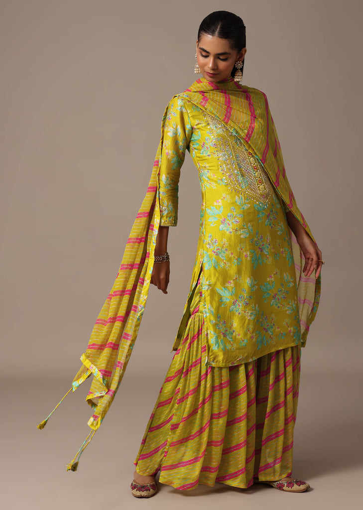 Green Printed Kurta Sharara Set In Gotta Work