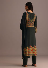 Deep Forest Green Printed Kurti Pant Set With Dupatta