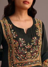Deep Forest Green Printed Kurti Pant Set With Dupatta