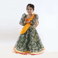 Kalki Girls Green Printed Lehenga And Blouse In Organza With Yellow Lehariya Dupatta Online - Kalki Fashion