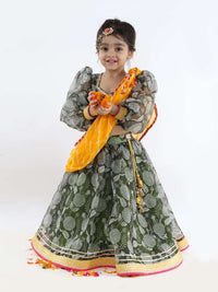 Kalki Girls Green Printed Lehenga And Blouse In Organza With Yellow Lehariya Dupatta Online - Kalki Fashion
