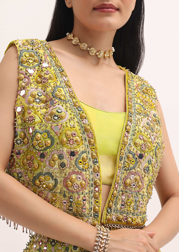 Green Printed Lehenga Choli With Embroidered Jacket