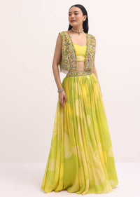 Green Printed Lehenga Choli With Embroidered Jacket