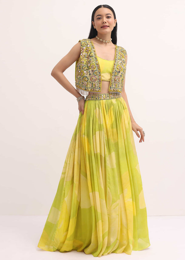 Green Printed Lehenga Choli With Embroidered Jacket