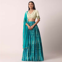 Green Printed Lehenga Set With Cutdana Work