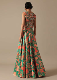 Green Printed Lehenga Set With Mirror Embellished Jacket