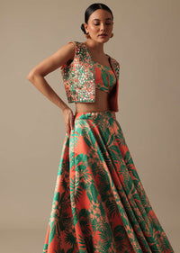 Green Printed Lehenga Set With Mirror Embellished Jacket