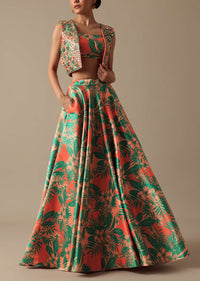 Green Printed Lehenga Set With Mirror Embellished Jacket