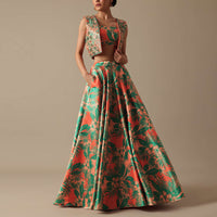 Green Printed Lehenga Set With Mirror Embellished Jacket