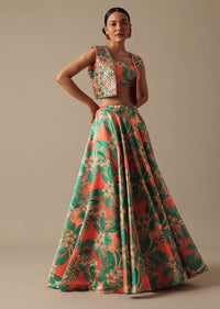 Green Printed Lehenga Set With Mirror Embellished Jacket