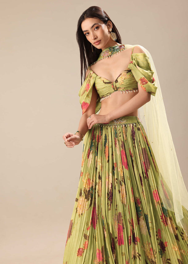 Green Printed Lehenga With Blouse And Dupatta