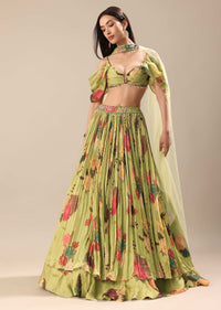 Green Printed Lehenga With Blouse And Dupatta