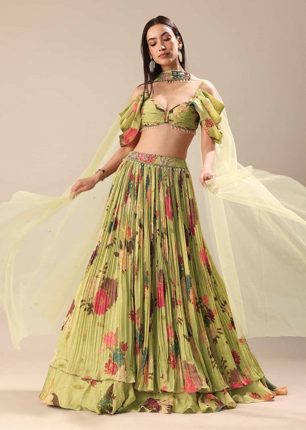 Green Printed Lehenga With Blouse And Dupatta