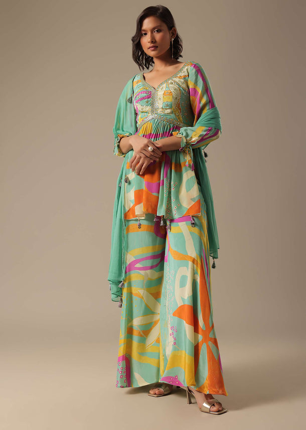 Green Printed Palazzo Set With Embroidered Peplum Top