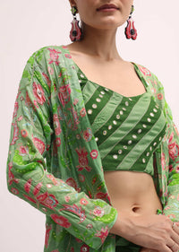 Green Printed Palazzo Set With Jacket