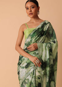 Green Printed Saree With Scallop Border And Unstitched Blouse Piece