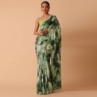 Green Printed Saree With Scallop Border And Unstitched Blouse Piece