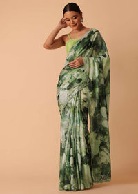 Green Printed Saree With Scallop Border And Unstitched Blouse Piece