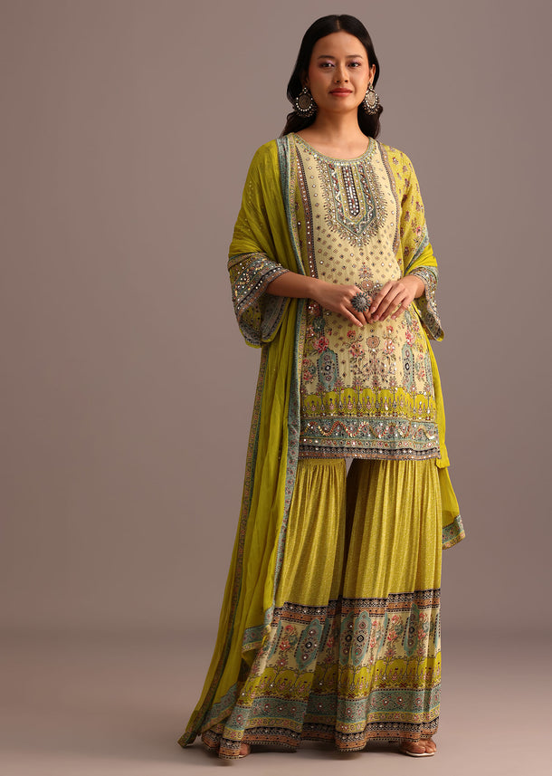 Green Printed Sharara Set With Chiffon Dupatta