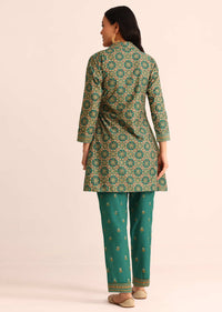 Green Printed Silk Kurta And Pant