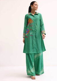 Green Printed Tussar Crop Top And Palazzo Set