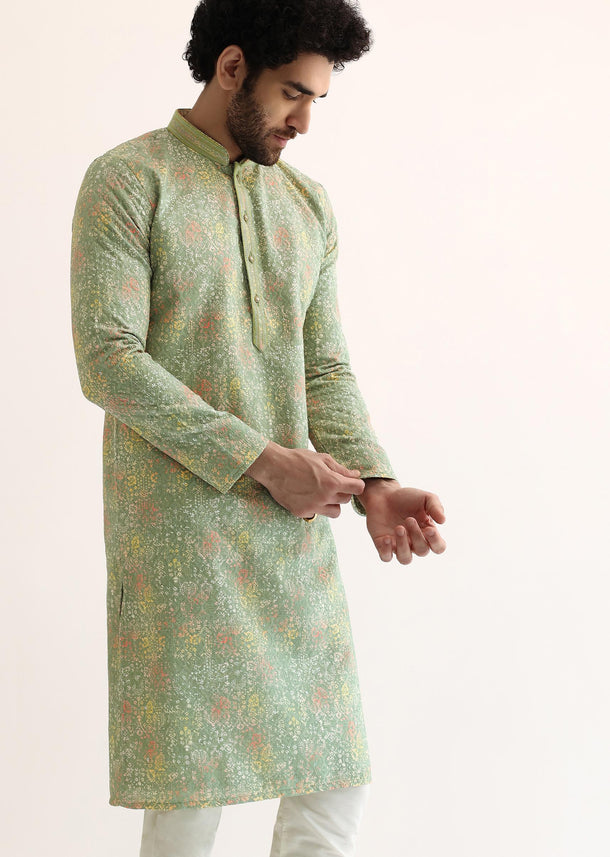 Green Rayon Sequin Embroidered Kurta Set For Men