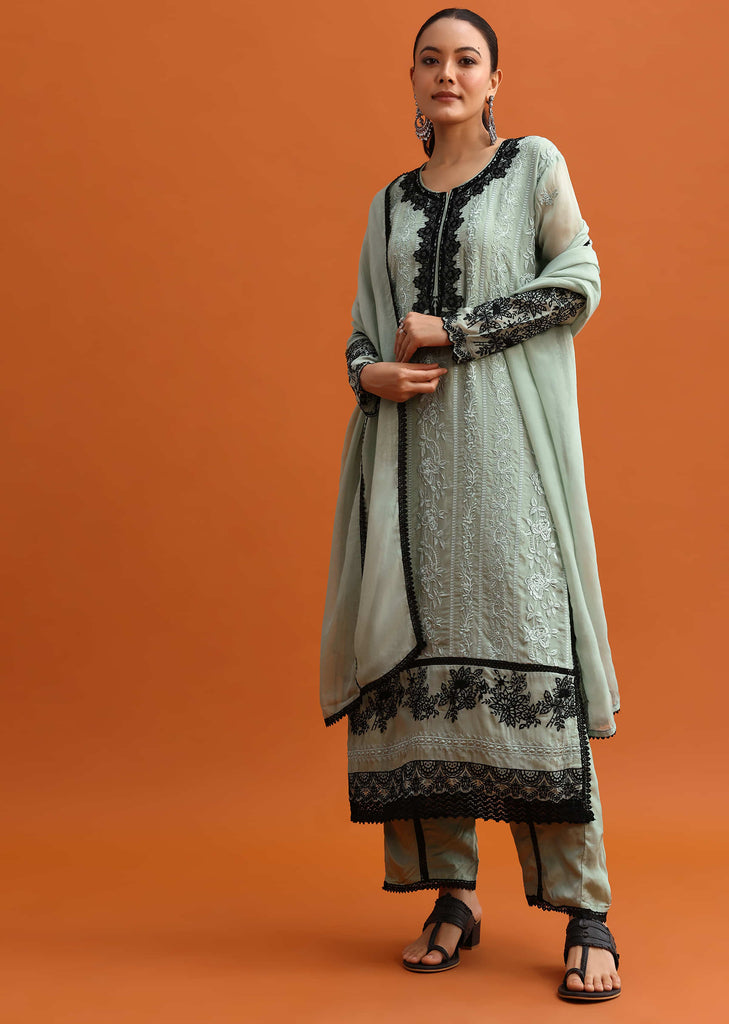 Green Resham And Lace Work Kurta Pant Set