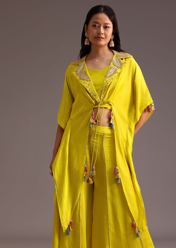 Lime Green Resham Work Palazzo Croptop Set With Jacket