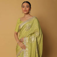 Green Saree In Dola Silk With Gota Work Pallu And Unstitched Blouse Fabric