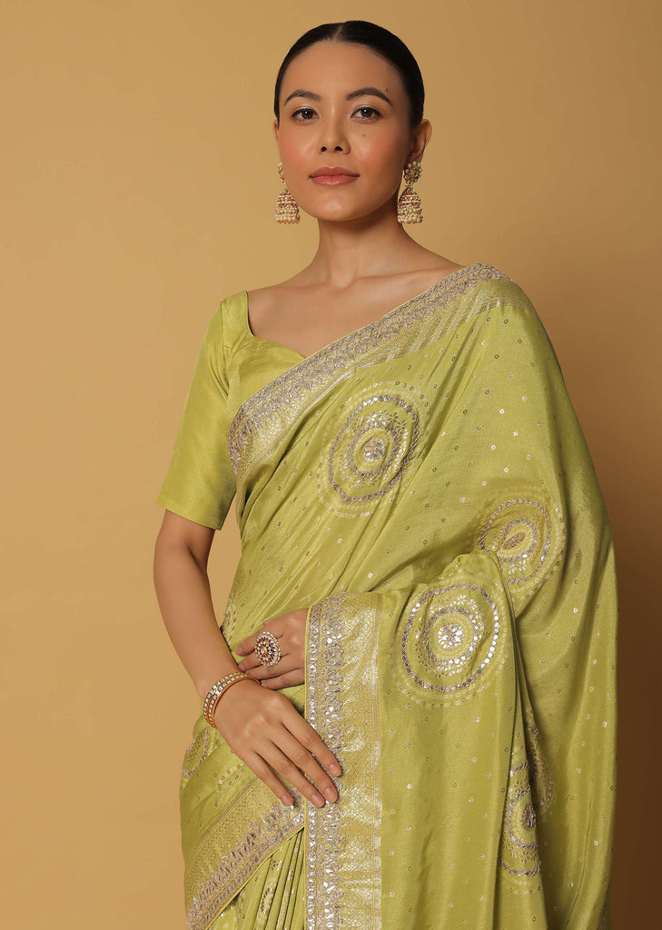 Green Saree In Dola Silk With Gota Work Pallu And Unstitched Blouse Fabric