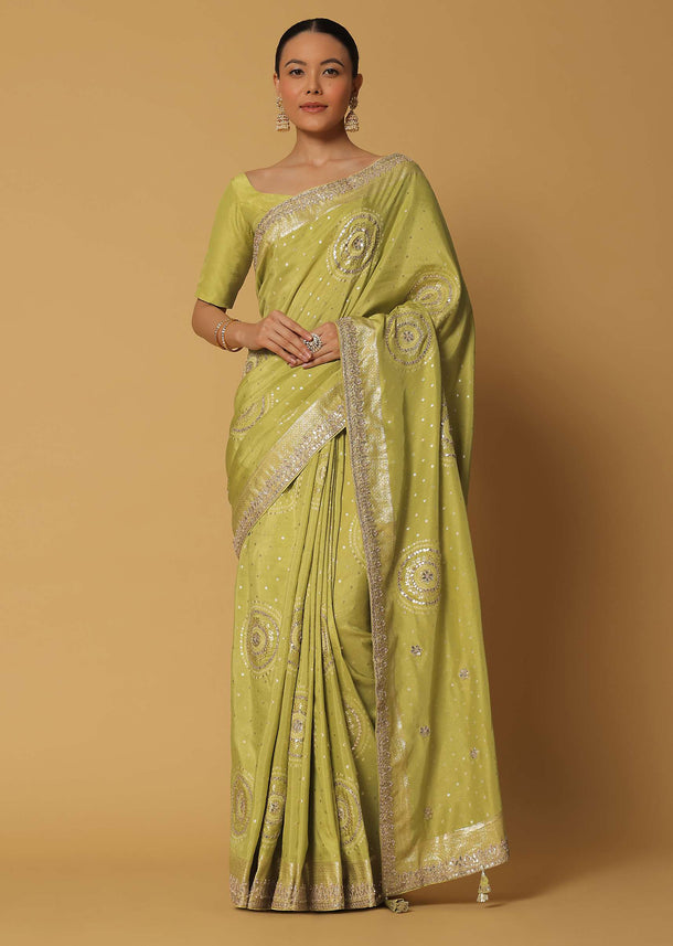 Green Saree In Dola Silk With Gota Work Pallu And Unstitched Blouse Fabric