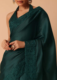 Green Saree In Organza With Lace Border And Unstitched Blouse Piece