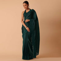 Green Saree In Organza With Lace Border And Unstitched Blouse Piece