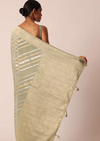 Green Saree In Silk With Diagonal Stripes Pattern And Unstitched Blouse Piece