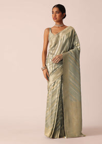 Green Saree In Silk With Diagonal Stripes Pattern And Unstitched Blouse Piece
