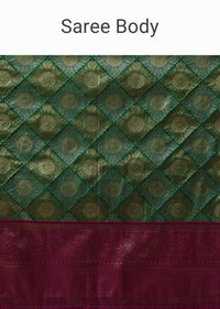 Green Saree With Contrast Border In Brocade Silk And Unstitched Blouse