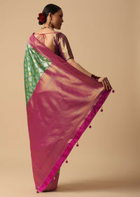 Green Saree With Contrast Border In Brocade Silk And Unstitched Blouse