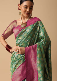 Green Saree With Contrast Border In Brocade Silk And Unstitched Blouse