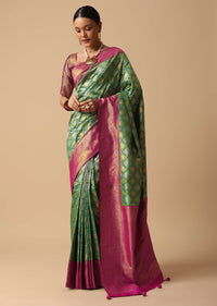 Green Saree With Contrast Border In Brocade Silk And Unstitched Blouse