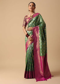 Green Saree With Contrast Border In Brocade Silk And Unstitched Blouse