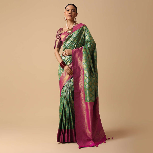 Green Saree With Contrast Border In Brocade Silk And Unstitched Blouse