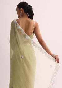 Green Saree With Embroidered Border And Unstitched Blouse