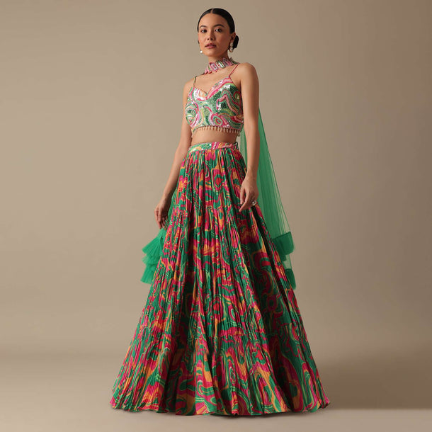 Green Satin Lehenga Set With Ruffle Dupatta