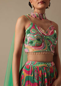 Green Satin Lehenga Set With Ruffle Dupatta