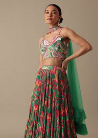 Green Satin Lehenga Set With Ruffle Dupatta