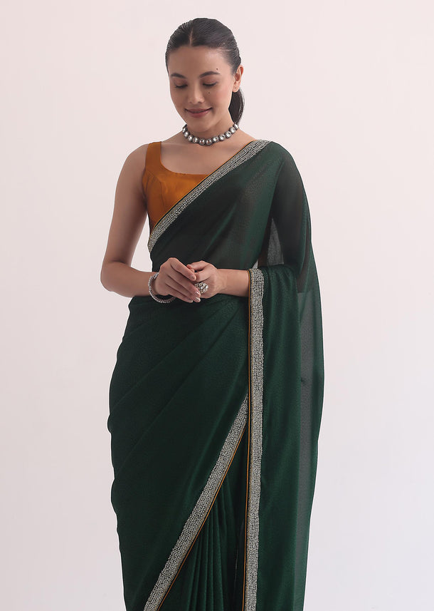 Green Satin Saree In Stone Studded Embroidery With Unstitched Blouse