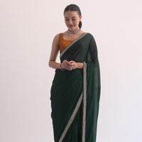 Green Satin Saree In Stone Studded Embroidery With Unstitched Blouse