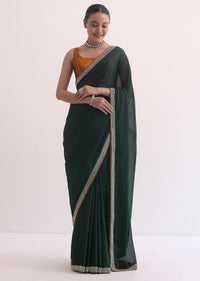 Green Satin Saree In Stone Studded Embroidery With Unstitched Blouse